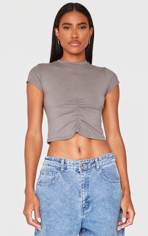 Charcoal Modal Cotton Ruched Front Crop T Shirt