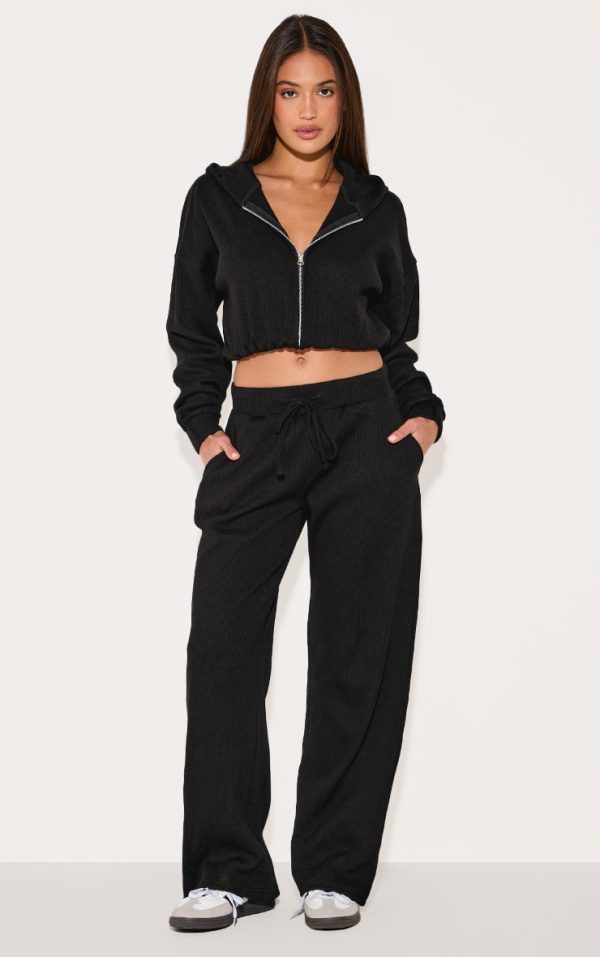 Black Waffle Detail Wide Leg Pants
