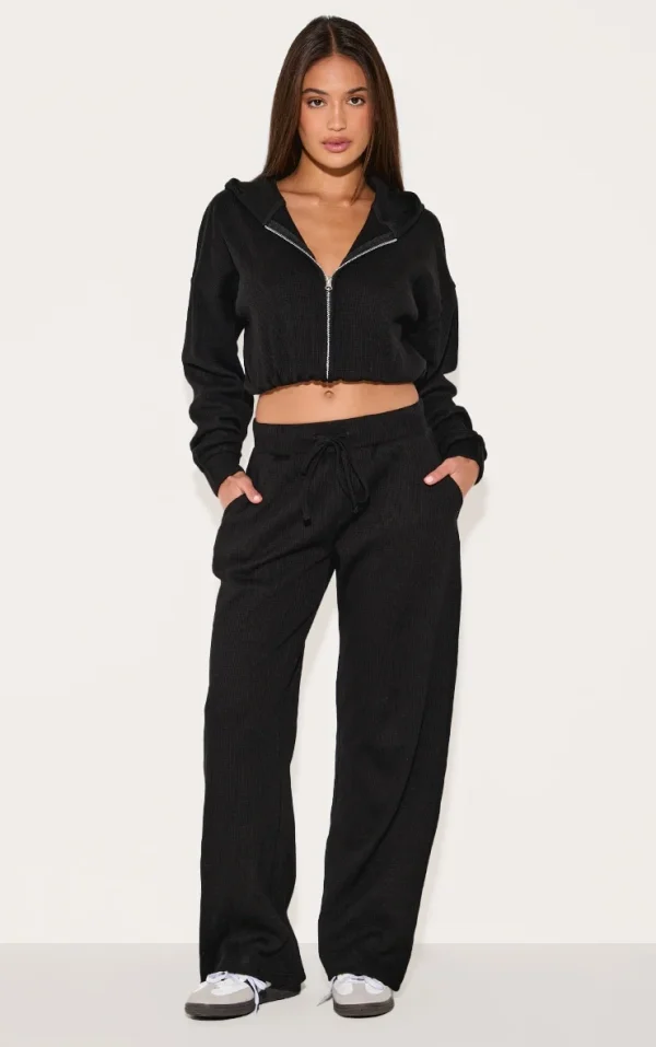 Black Waffle Detail Wide Leg Pants