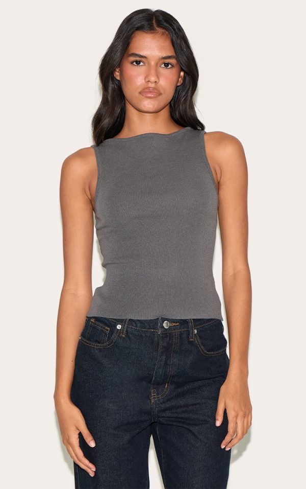 Charcoal Fine Knit Boat Neck Top