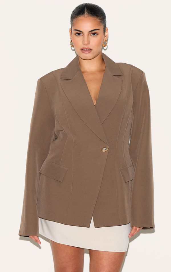 Plus Mushroom Cinched Waist Lapel Point Detail Blazer