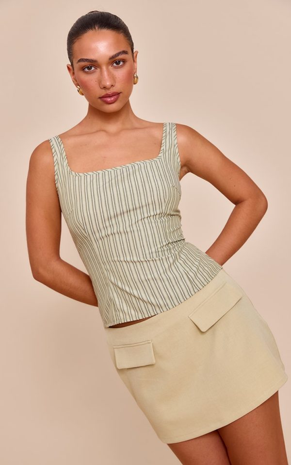 Green Striped Square Neck Long Top