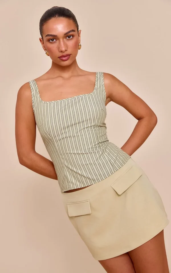Green Striped Square Neck Long Top