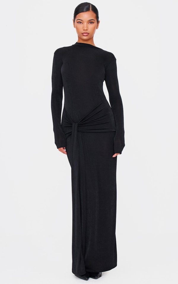 Black Slinky Acetate Wrap Maxi Dress