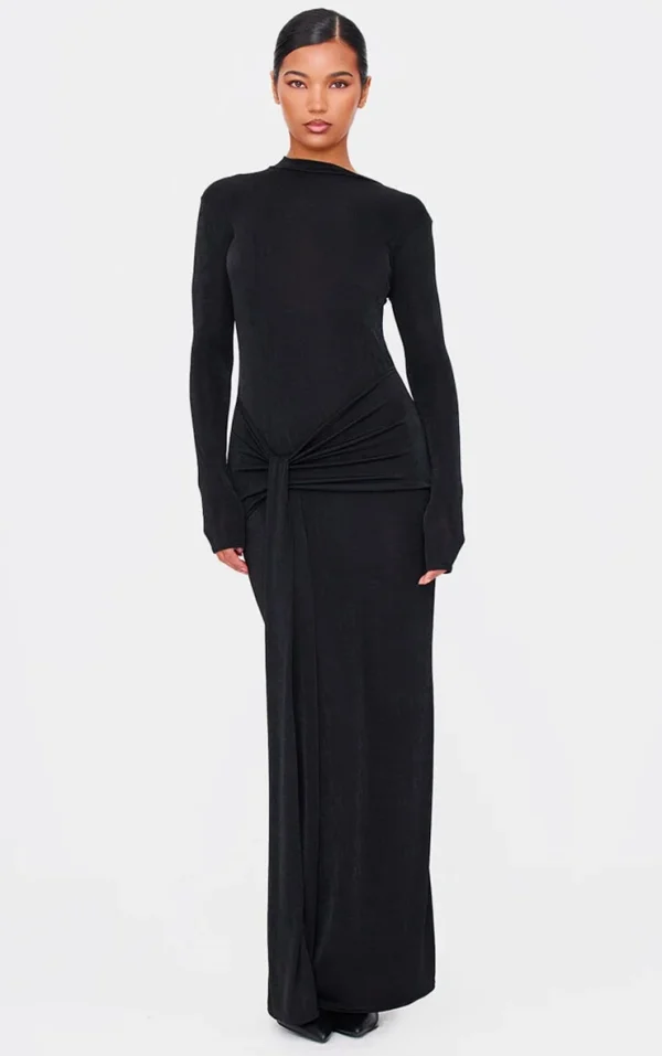 Black Slinky Acetate Wrap Maxi Dress