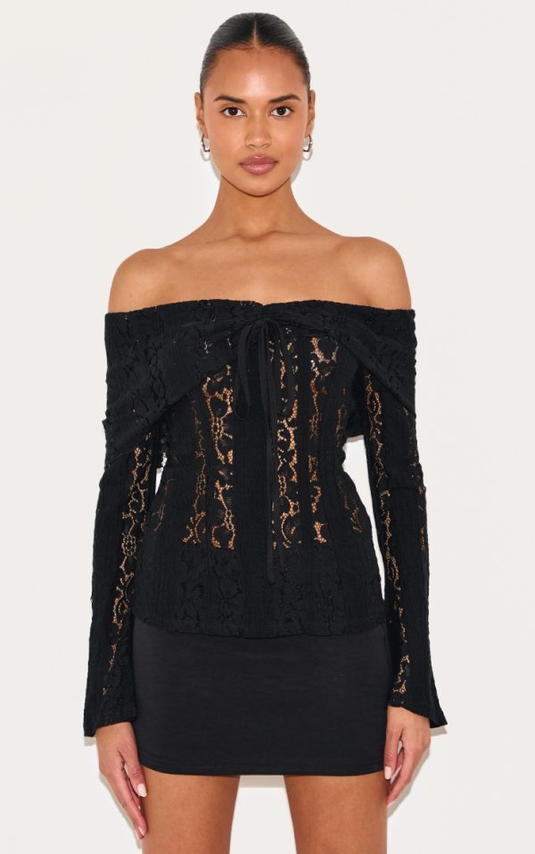 Black Fitted Lace Flared Sleeve Bardot Top