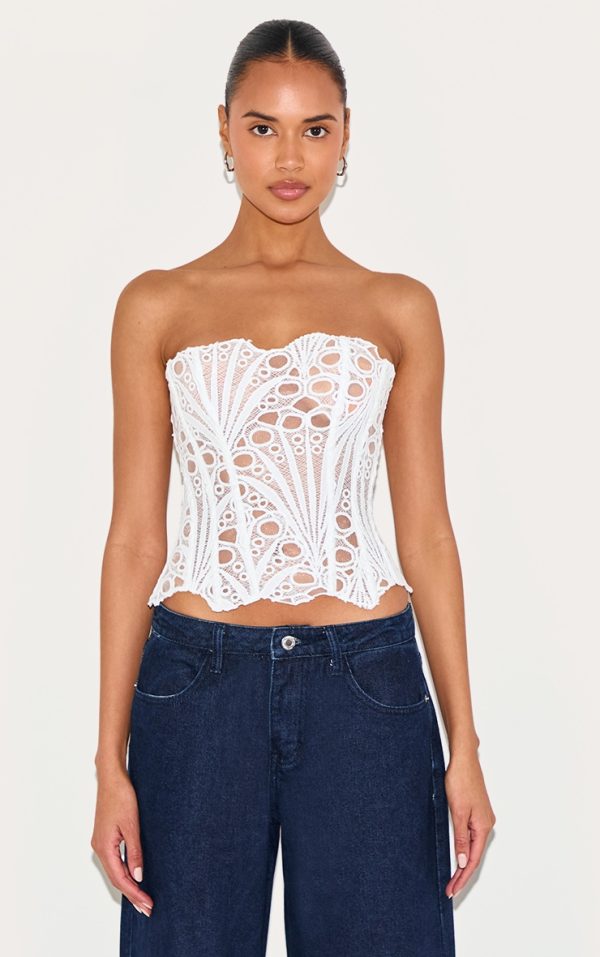 White Textured Sheer Floral Lace Corset