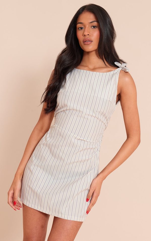 Tall Cream Pinstripe Tie Detail Ruched Mini Dress
