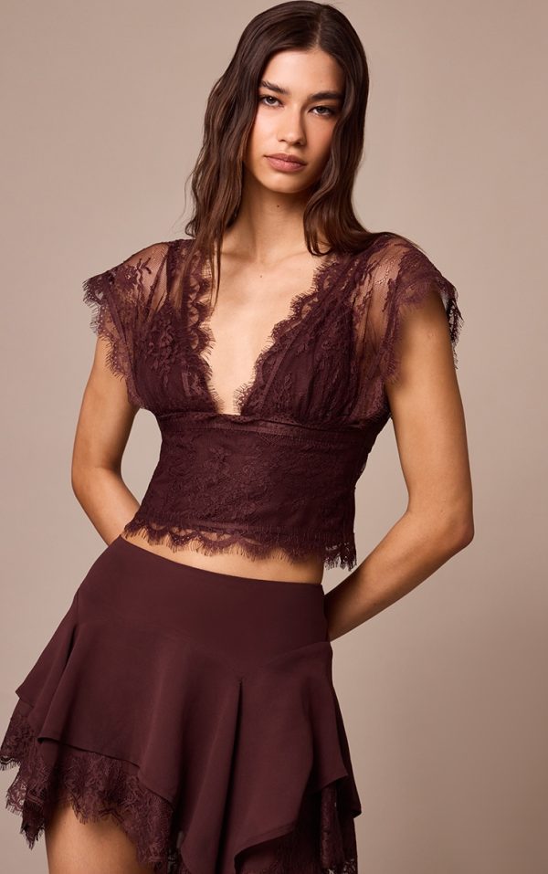 Dark Plum Chiffon Lined Lace Detail Plunge Top