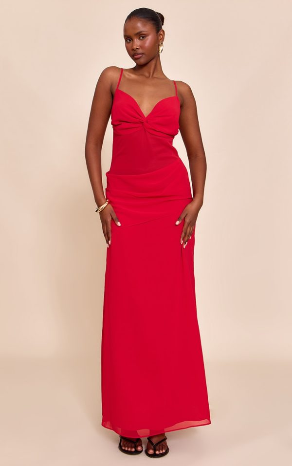 Tomato Red Chiffon Twist Cut Out Maxi Dress