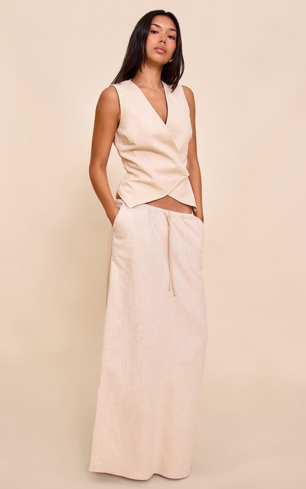 Natural Premium Linen Drawstring Maxi Skirt