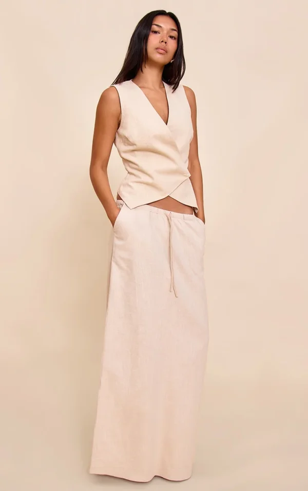 Natural Premium Linen Drawstring Maxi Skirt