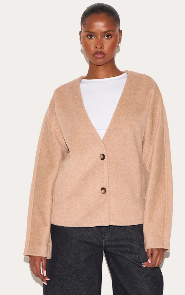 Mocha Wool Look Button Up V Neck Jacket
