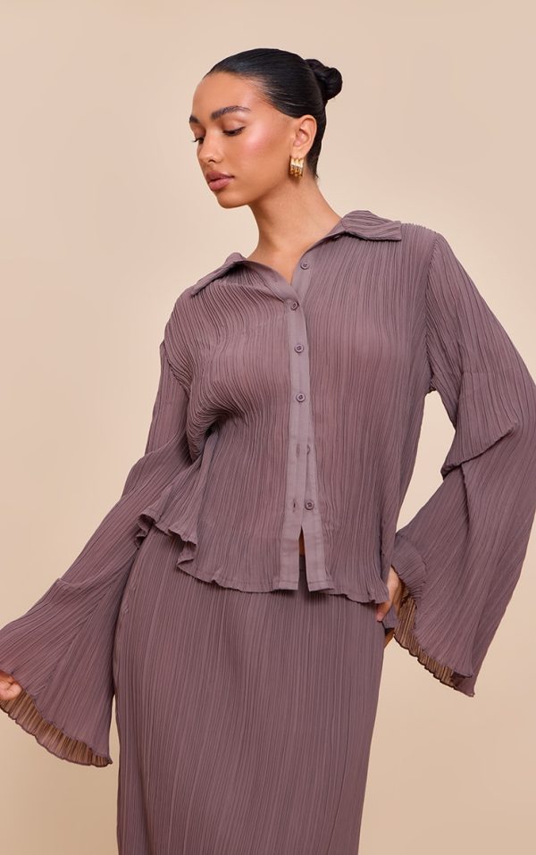 Mushroom Chiffon Plisse Sheer Shirt
