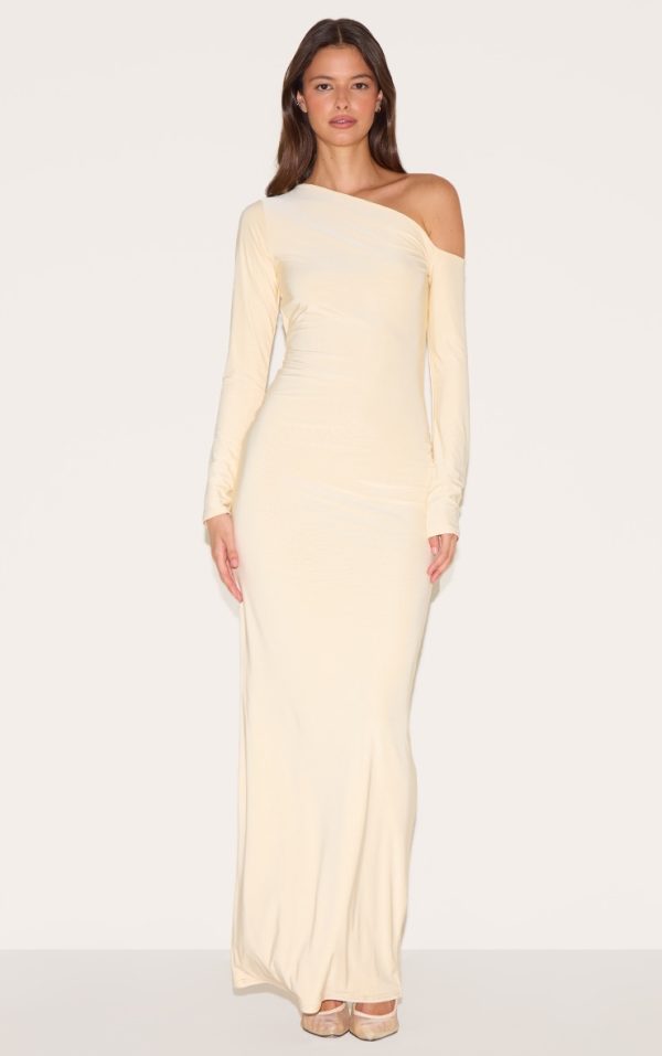 Butter Yellow Double Slinky Asymmetric Neckline Maxi Dress