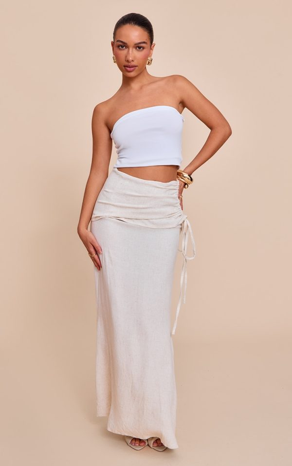 Natural Linen Look Ruched Waist Maxi Skirt