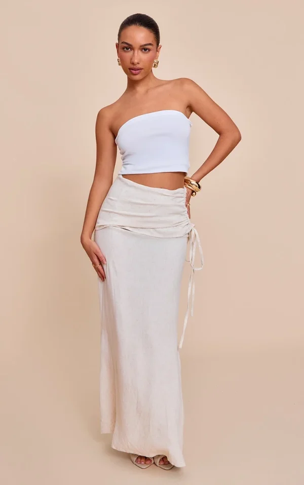 Natural Linen Look Ruched Waist Maxi Skirt