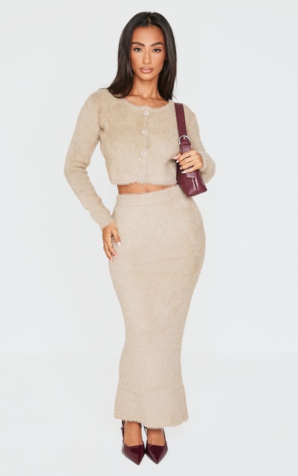 Petite Taupe Fluffy Knit Low Waist Maxi Skirt