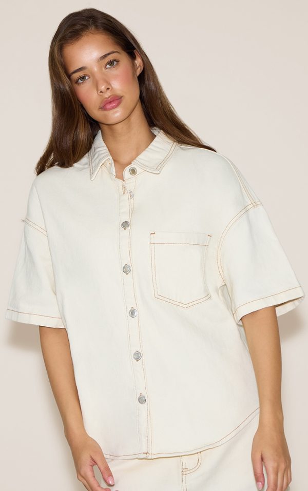 Ecru Short Sleeved Boxy Style Denim Shirt