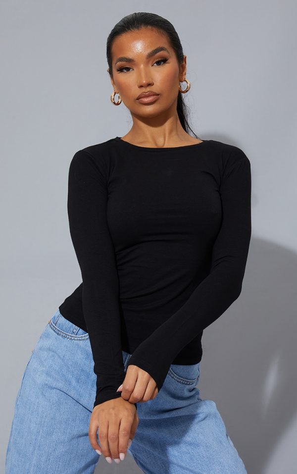 Black Basic Cotton Blend Long Sleeve Fitted T Shirt