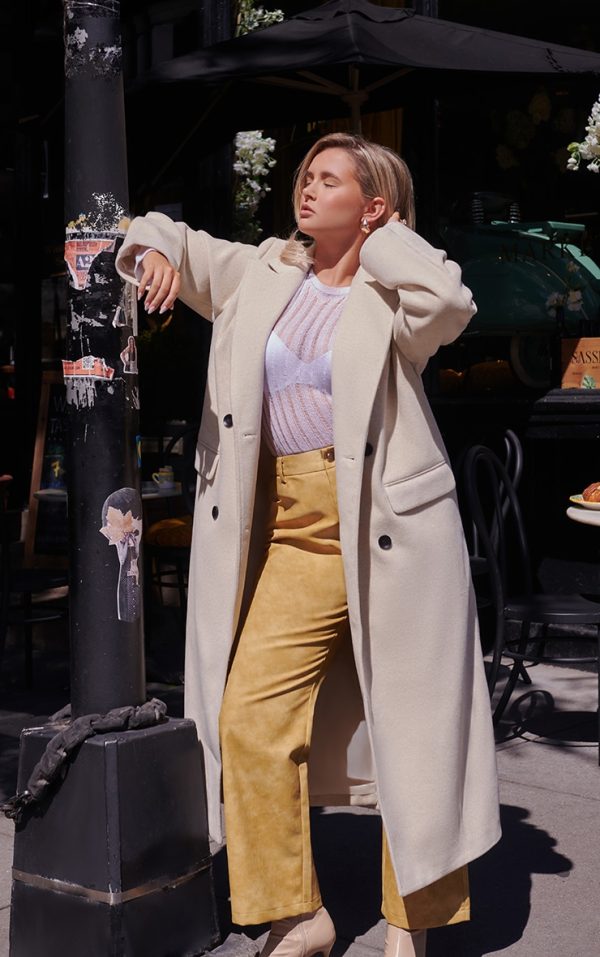 Stone Shoulder Padded Double Breasted Brushed Faux Wool Coat
