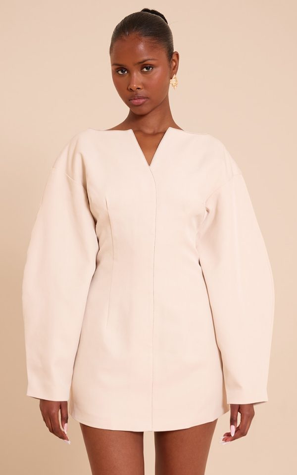 Cream Cocoon Sleeve Cinched Waist Blazer Dress