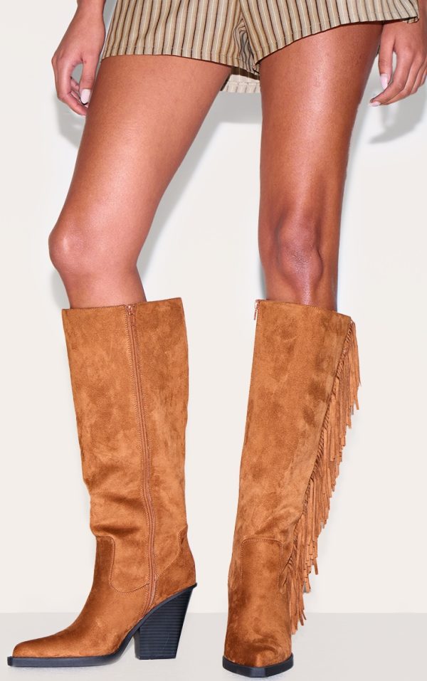 Tan Faux Suede Point Toe Fringed High Block Heel Knee Boots