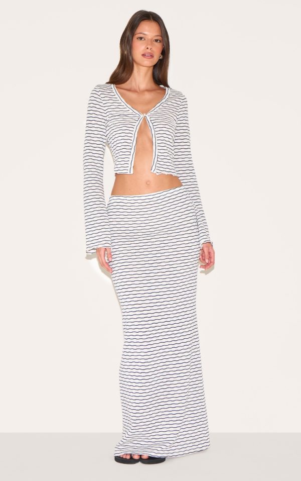 Navy Textured Striped Mid Rise Maxi Skirt
