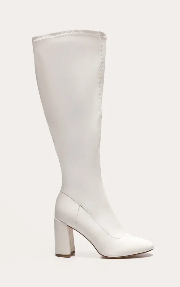 Cream PU Wide Fit Round Toe Knee High Block Heeled Sock Boots