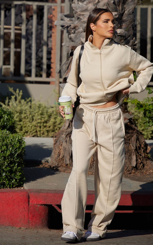 Beige Seam Detailed Straight Leg Sweatpants