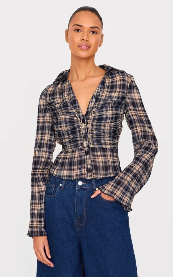 Blue Plisse Chiffon Check Blouse