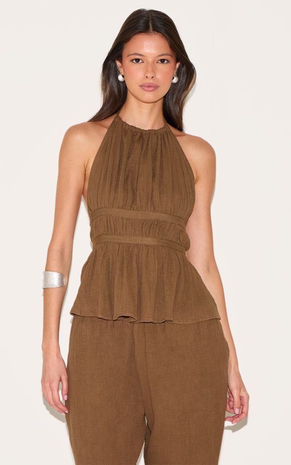 Mushroom Cheesecloth Halterneck Sleeveless Backless Top