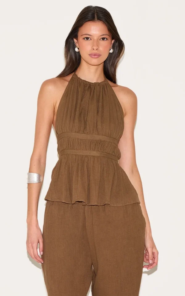 Mushroom Cheesecloth Halterneck Sleeveless Backless Top