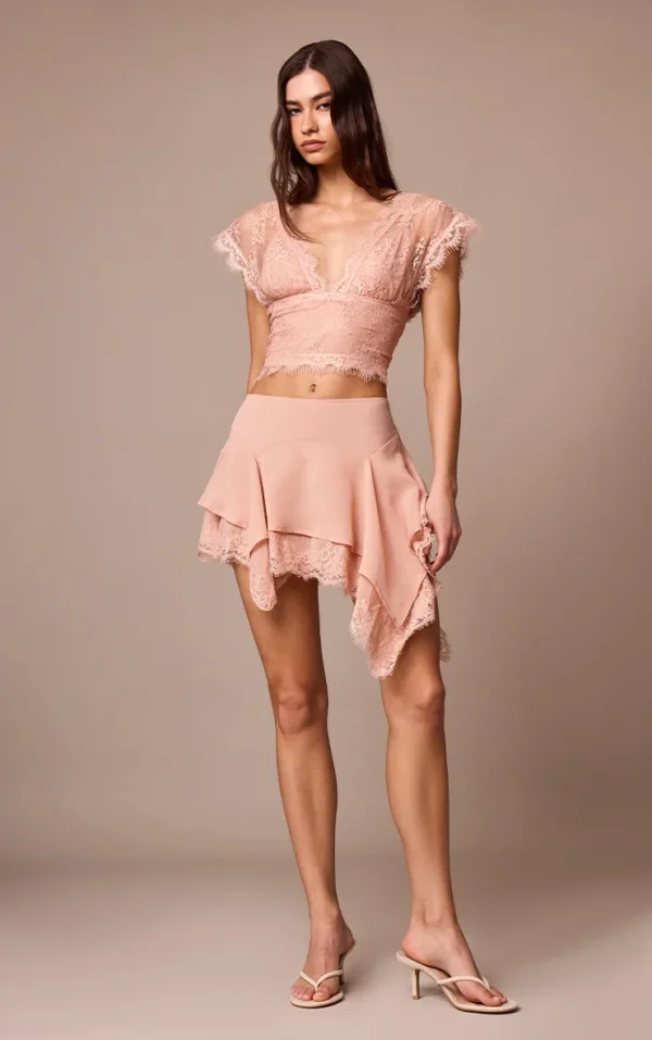 Apricot Chiffon Layered Lace Detail Mini Skirt