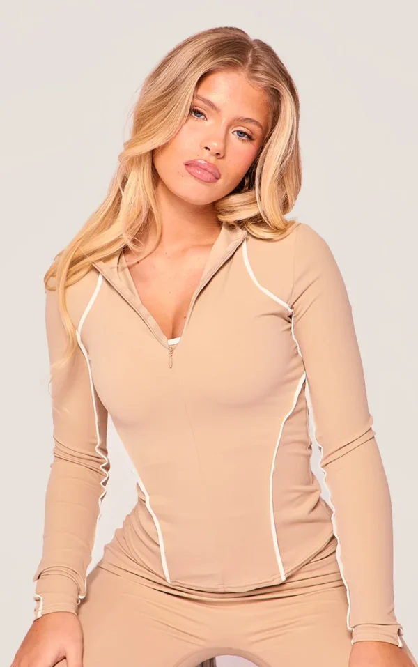 PLT SPORT Mocha Sculpt Contrast Seam Gym Jacket