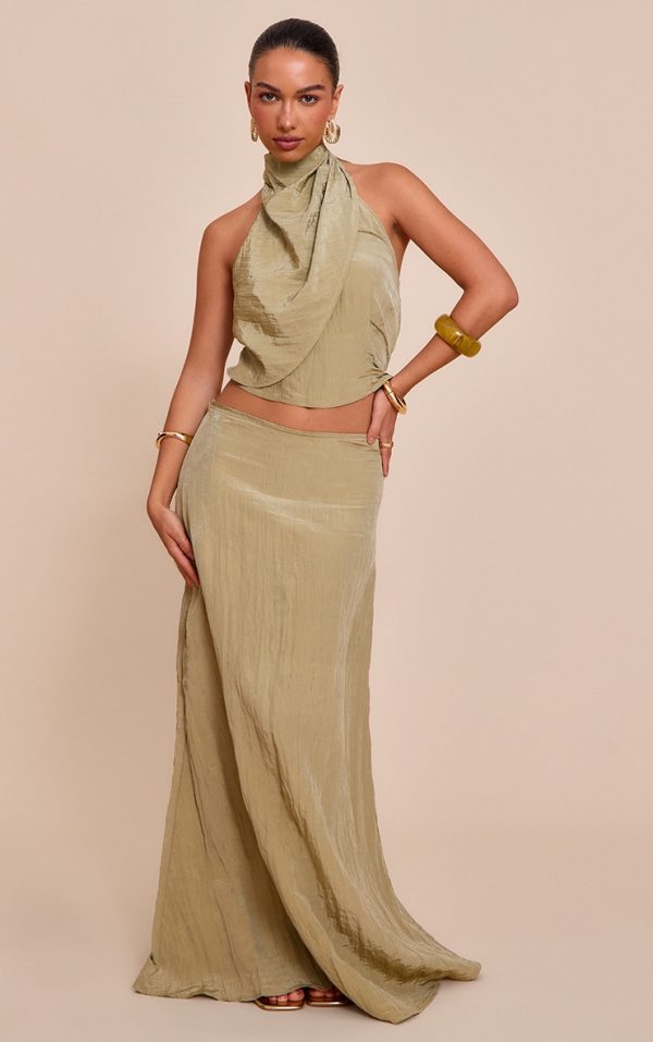 Sage Khaki Textured Woven Floaty Maxi Skirt
