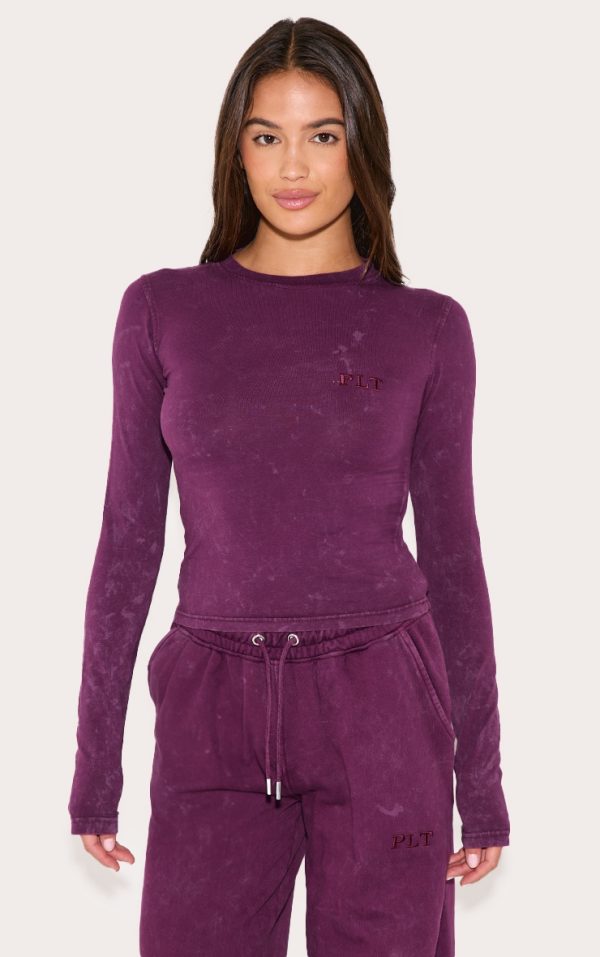 PRETTYLITTLETHING Plum Washed Fitted Long Sleeve T-shirt