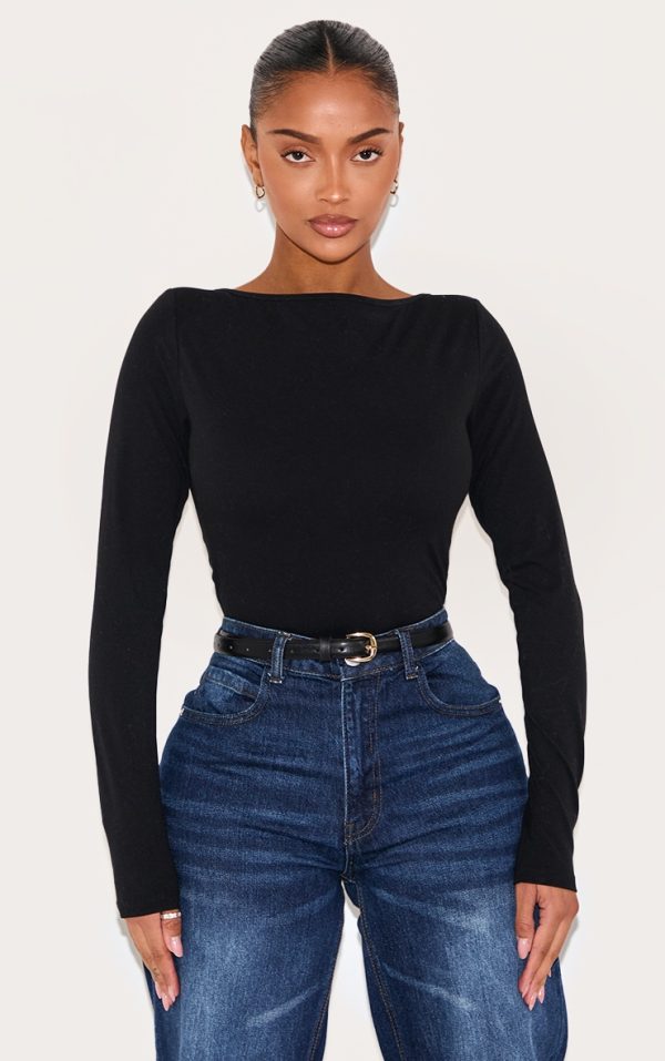 Shape Black Built In Bra Sculpt Boat Neck Long Sleeve Bodysuit