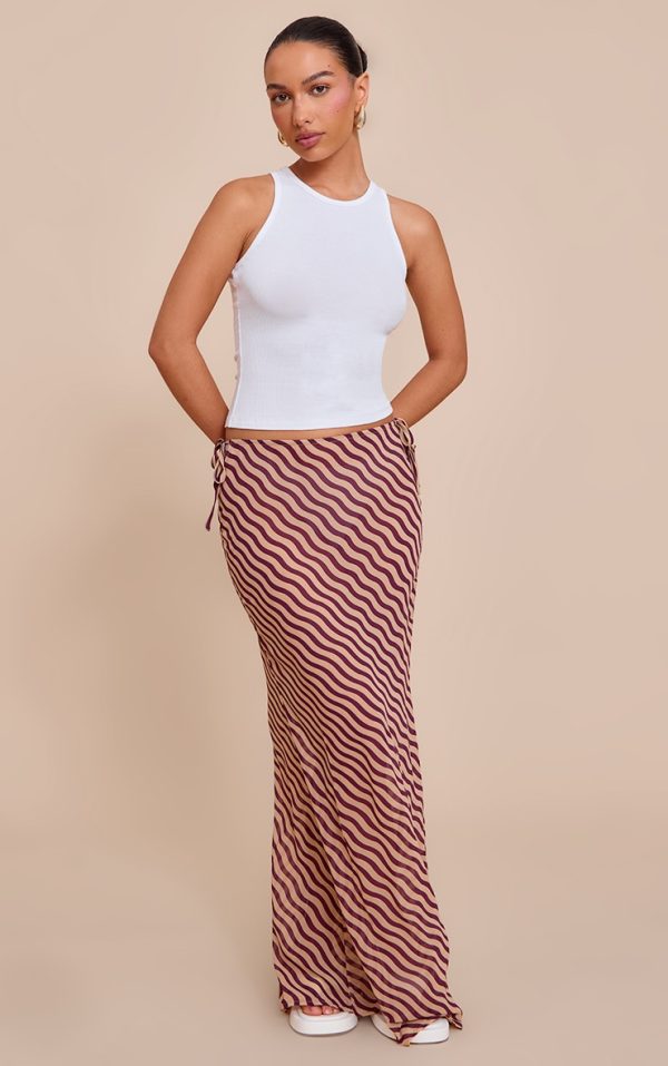 Tan Striped Print Sheer Low Rise Maxi Skirt
