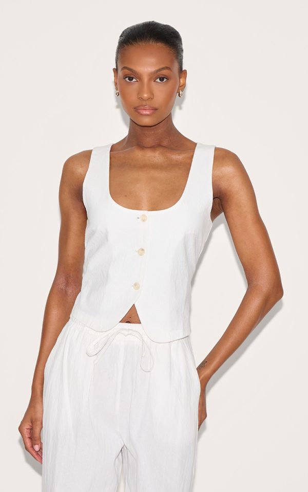White Linen Look Tailored Scoop Neck Fitted Vest