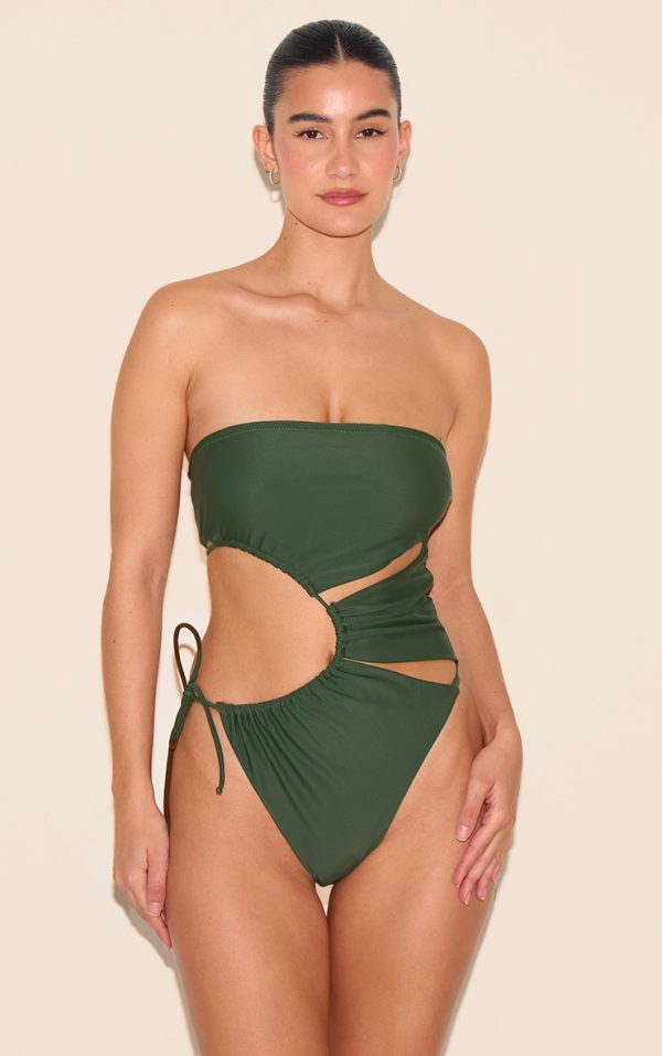 Khaki Bandeau Cut Out Tie Swimsuit