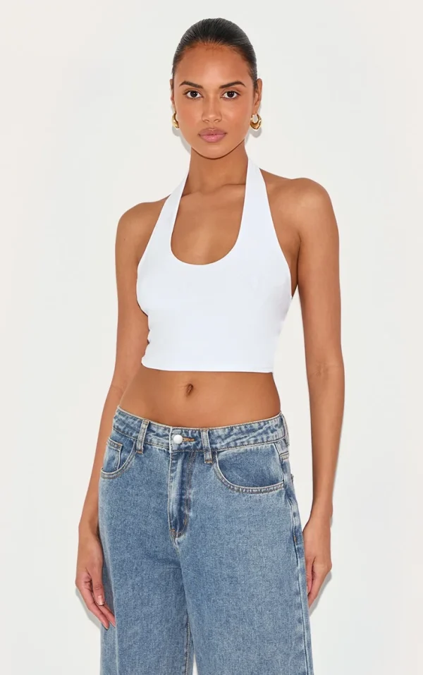 Basic White Slinky Scoop Neck Halter Top
