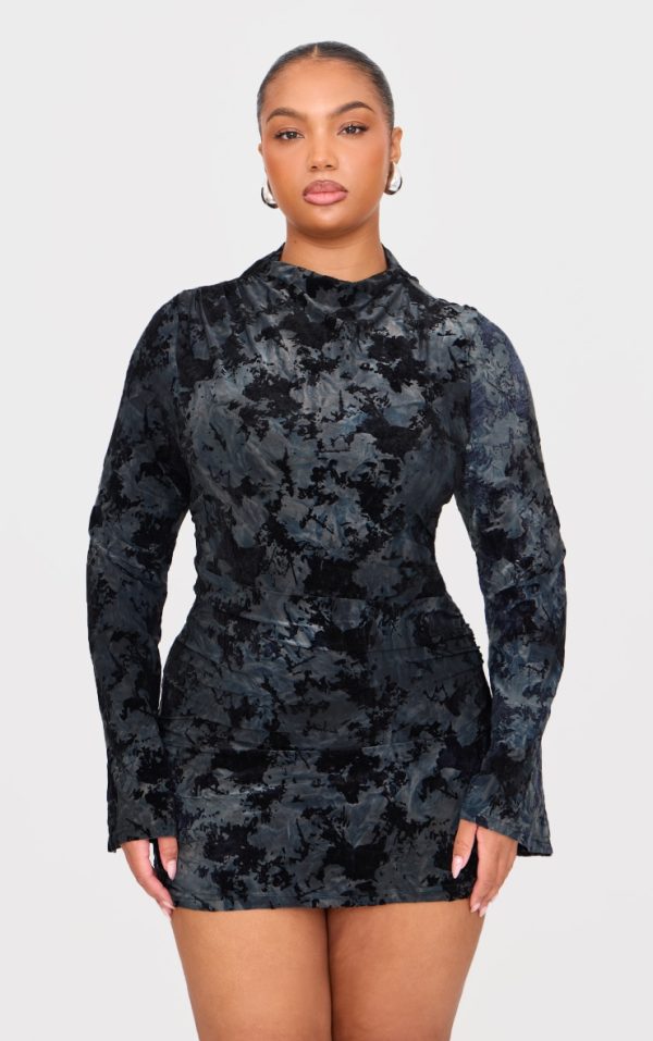 Plus Black Devore Flute Sleeve Mini Dress