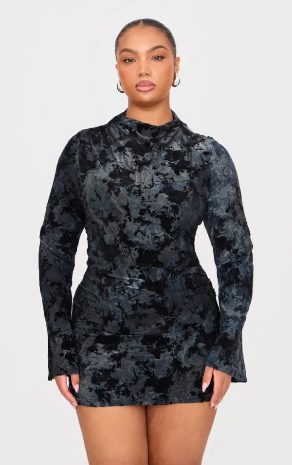 Plus Black Devore Flute Sleeve Mini Dress