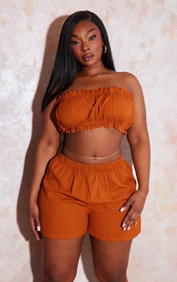 Plus Rust Textured Ruffle Hem Bandeau Crop Top
