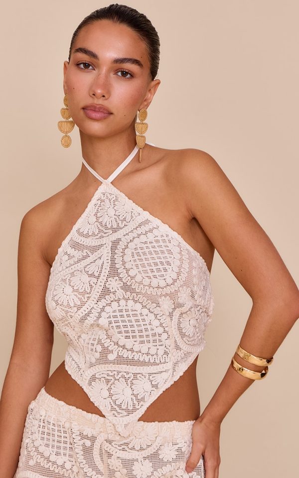 Cream Textured Embroidered Halterneck Tie Back Top