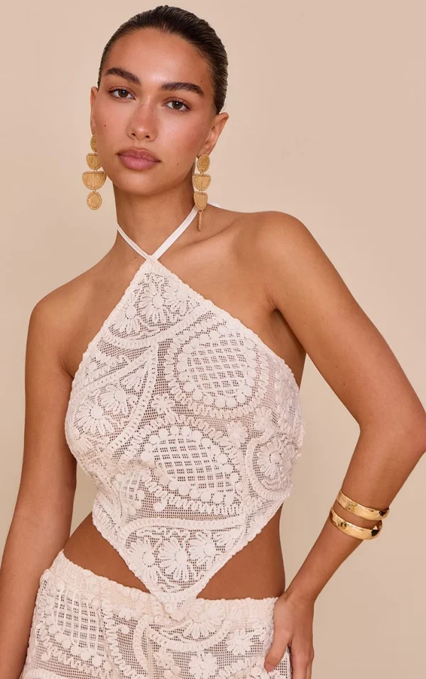 Cream Textured Embroidered Halterneck Tie Back Top