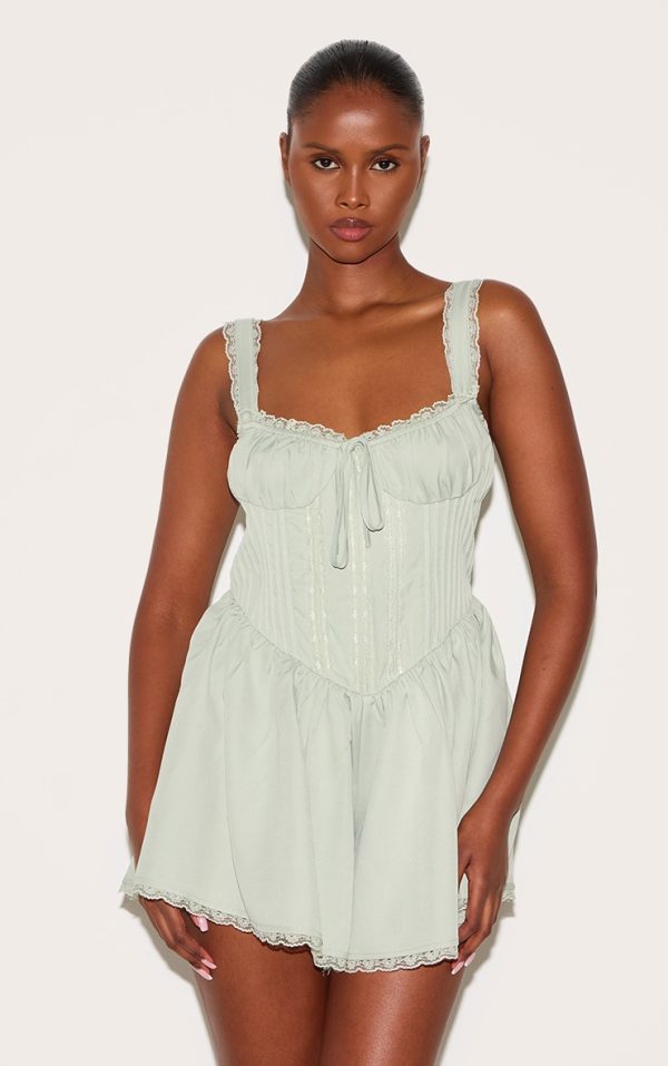 Sage Green Woven Lace Detail Strappy Romper