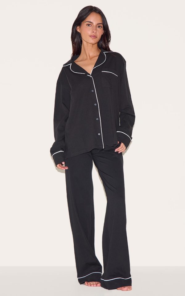 Black Oversized Jersey Piping Detail Long PJ Set