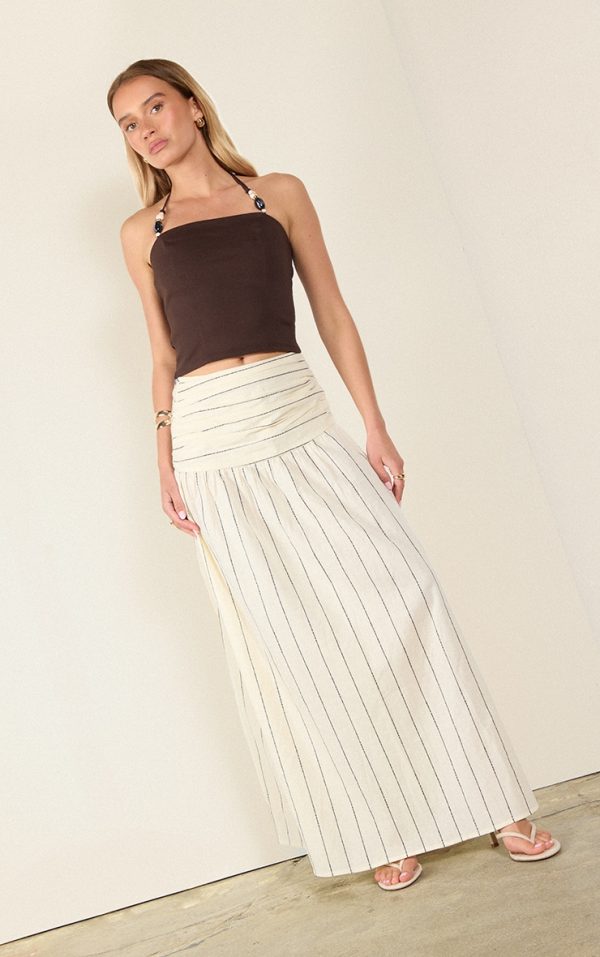 Stone Stripe Cotton Ruched Waist Maxi Skirt
